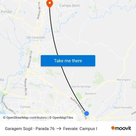 Garagem Sogil - Parada 76 to Feevale: Campus I map