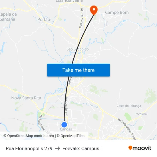 Rua Florianópolis 279 to Feevale: Campus I map