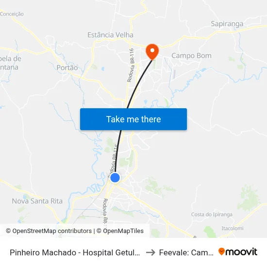 Pinheiro Machado - Hospital Getulio Vargas to Feevale: Campus I map