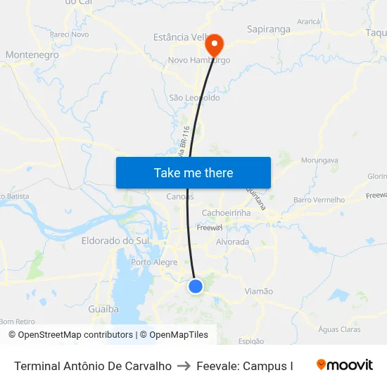 Terminal Antônio De Carvalho to Feevale: Campus I map
