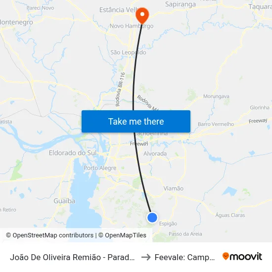 João De Oliveira Remião - Parada 24 to Feevale: Campus I map