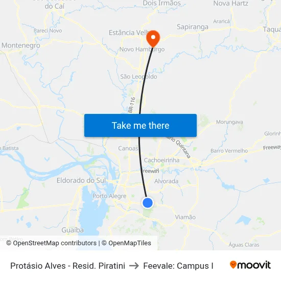 Protásio Alves - Resid. Piratini to Feevale: Campus I map