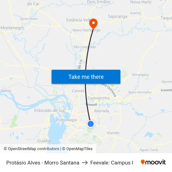Protásio Alves - Morro Santana to Feevale: Campus I map