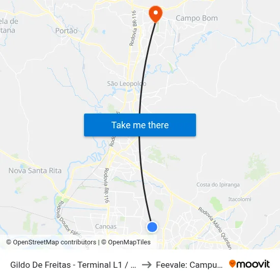 Gildo De Freitas - Terminal L1 / L2 to Feevale: Campus I map