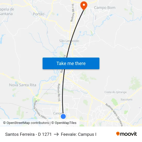 Santos Ferreira - D 1271 to Feevale: Campus I map