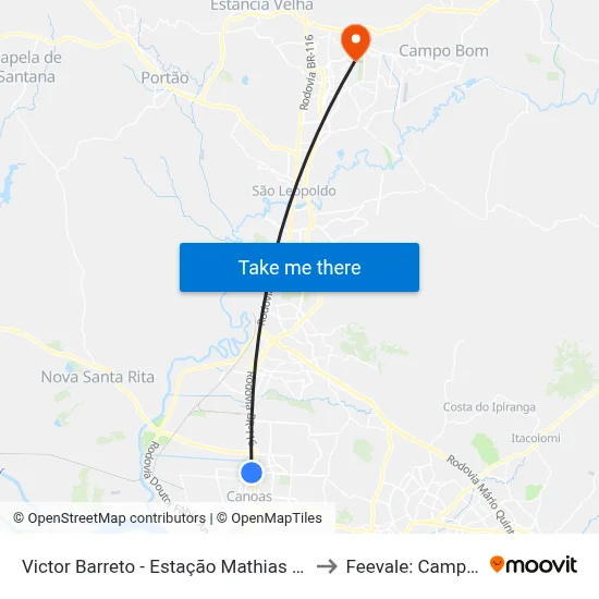 Victor Barreto - Estação Mathias Velho to Feevale: Campus I map