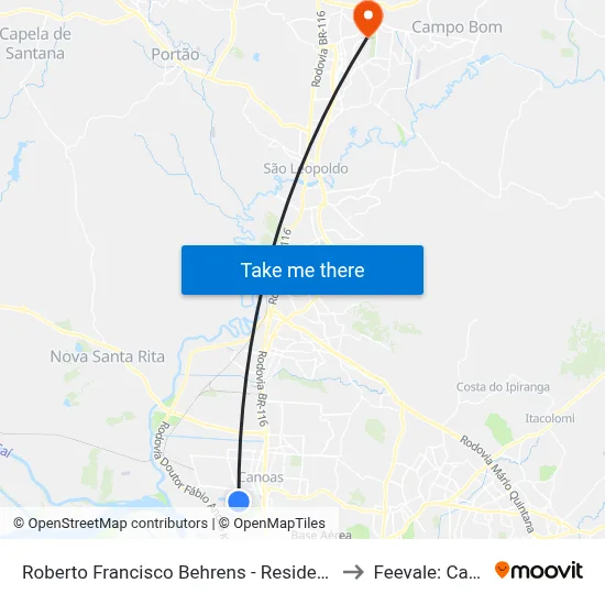 Roberto Francisco Behrens - Residencial República to Feevale: Campus I map