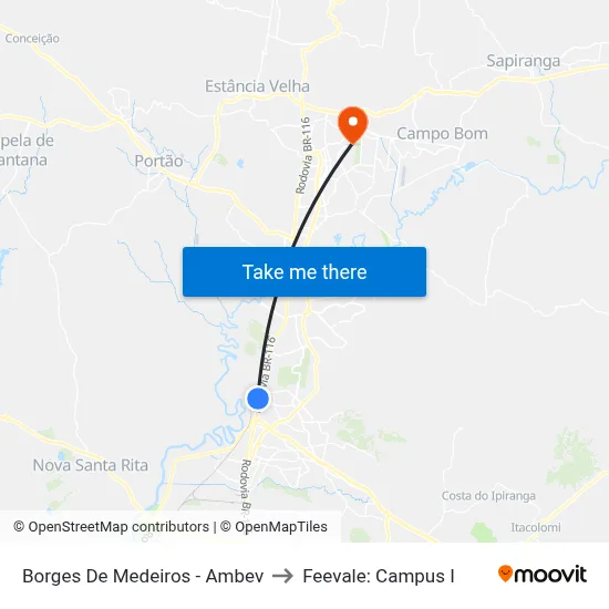 Borges De Medeiros - Ambev to Feevale: Campus I map