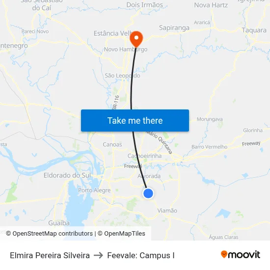 Elmira Pereira Silveira to Feevale: Campus I map
