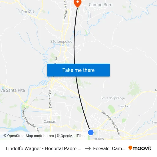 Lindolfo Wagner - Hospital Padre Jeremias to Feevale: Campus I map