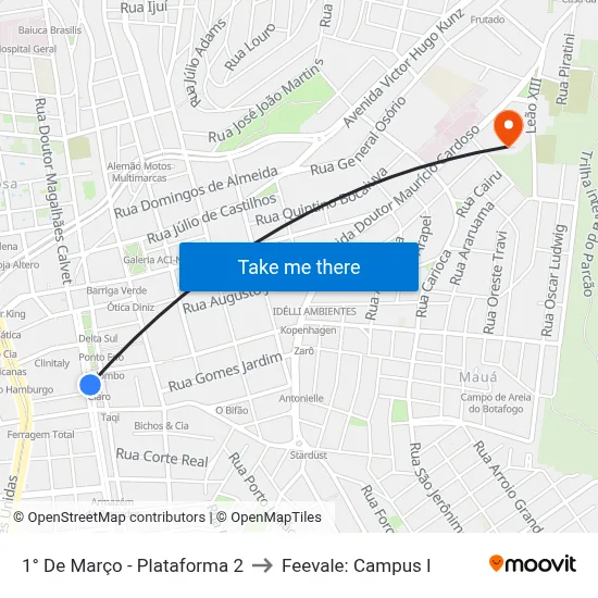 1° De Março - Plataforma 2 to Feevale: Campus I map