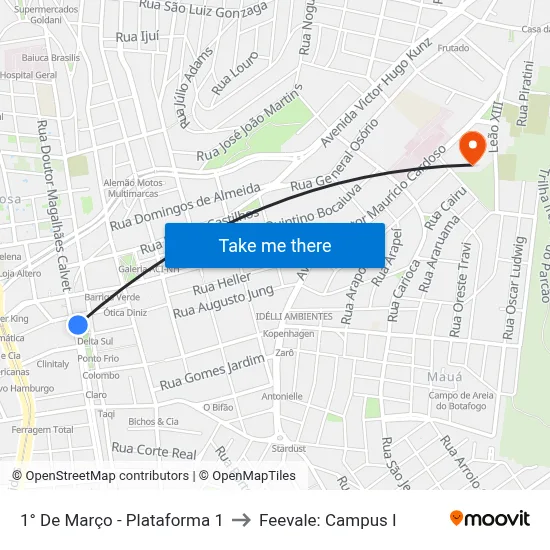 1° De Março - Plataforma 1 to Feevale: Campus I map