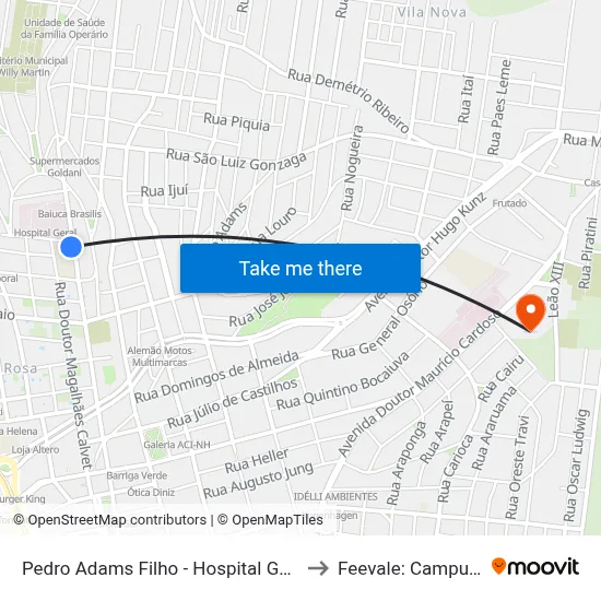 Pedro Adams Filho - Hospital Geral to Feevale: Campus I map