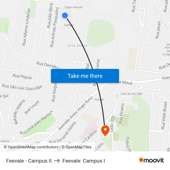 Feevale - Campus II to Feevale: Campus I map