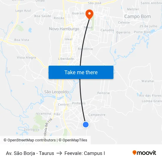 Av. São Borja - Taurus to Feevale: Campus I map