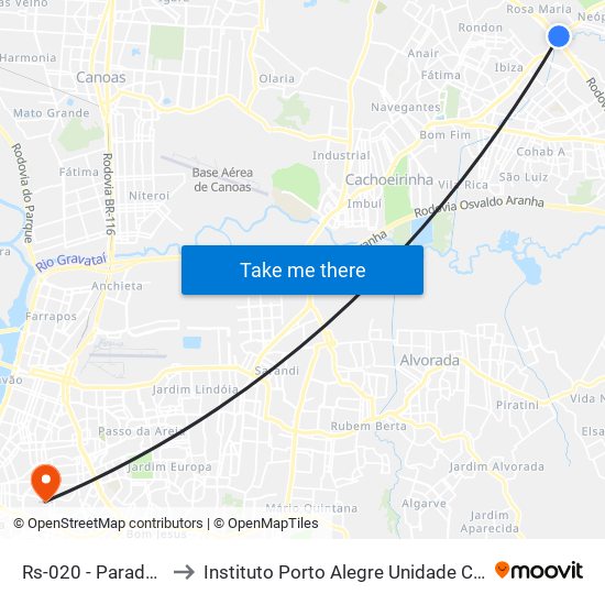 Rs-020 - Parada 68 to Instituto Porto Alegre Unidade Central map