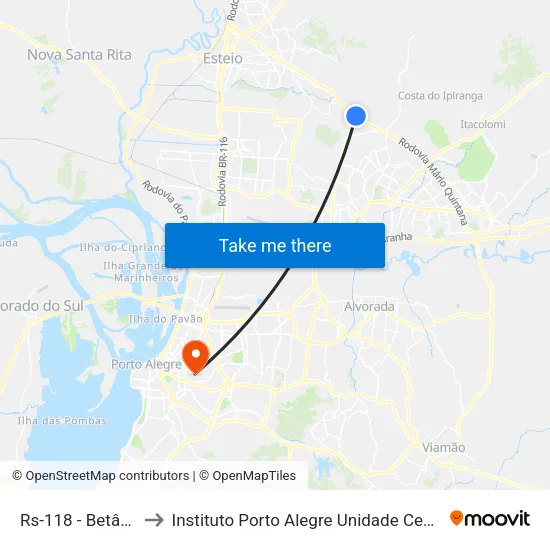 Rs-118 - Betânia to Instituto Porto Alegre Unidade Central map