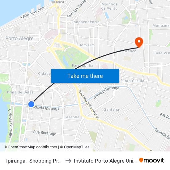 Ipiranga - Shopping Praia De Belas to Instituto Porto Alegre Unidade Central map