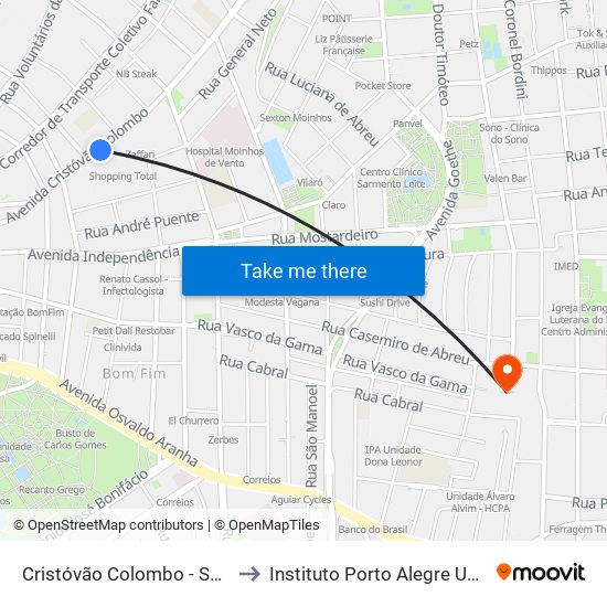 Cristóvão Colombo - Shopping Total to Instituto Porto Alegre Unidade Central map