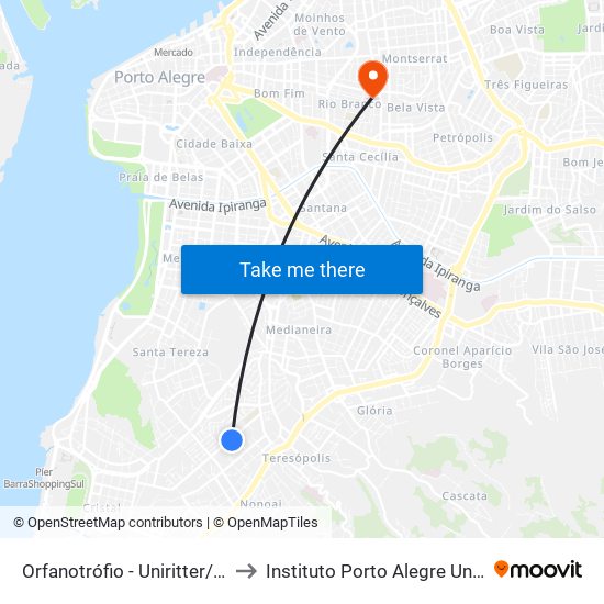 Orfanotrófio - Uniritter/Rede Pampa to Instituto Porto Alegre Unidade Central map