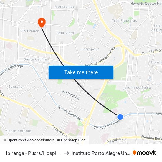 Ipiranga - Pucrs/Hospital São Lucas to Instituto Porto Alegre Unidade Central map