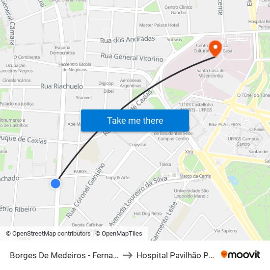 Borges De Medeiros - Fernando Machado to Hospital Pavilhão Pereira Filho map