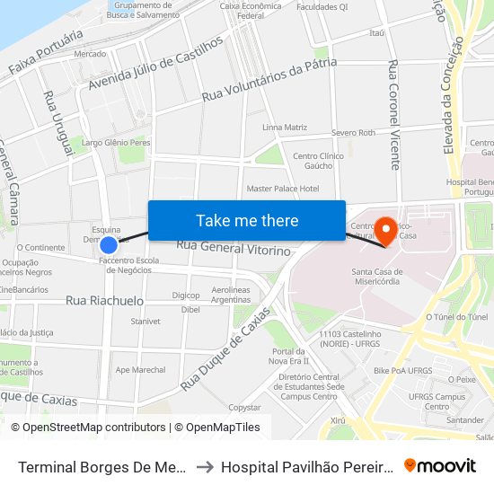 Terminal Borges De Medeiros to Hospital Pavilhão Pereira Filho map