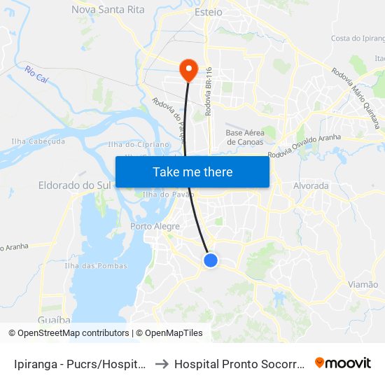 Ipiranga - Pucrs/Hospital São Lucas to Hospital Pronto Socorro De Canoas map