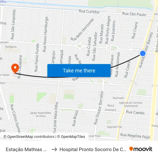 Estação Mathias Velho to Hospital Pronto Socorro De Canoas map