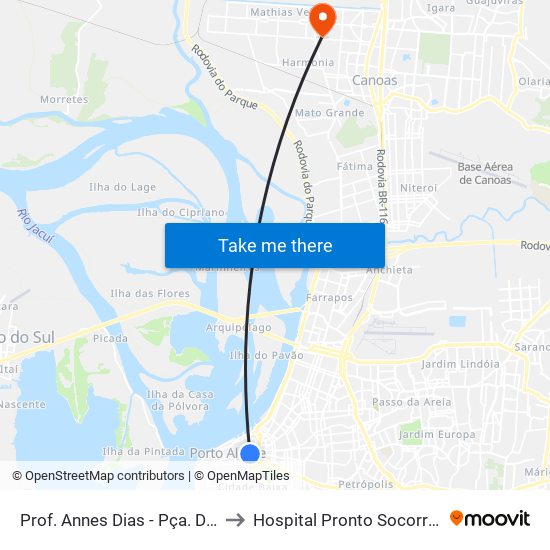 Prof. Annes Dias - Pça. Dom Feliciano to Hospital Pronto Socorro De Canoas map
