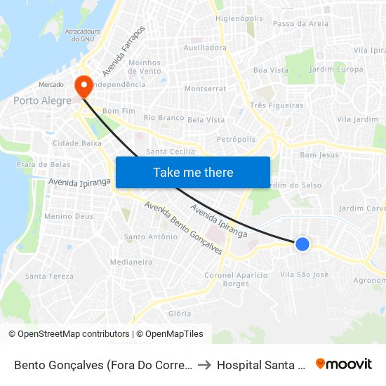Bento Gonçalves (Fora Do Corredor) to Hospital Santa Rita map