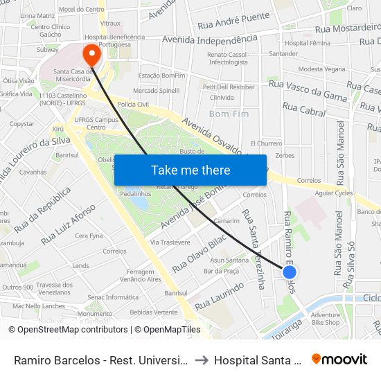 Ramiro Barcelos - Rest. Universitário to Hospital Santa Rita map