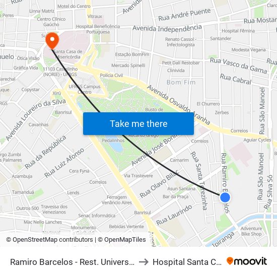 Ramiro Barcelos - Rest. Universitário to Hospital Santa Clara map