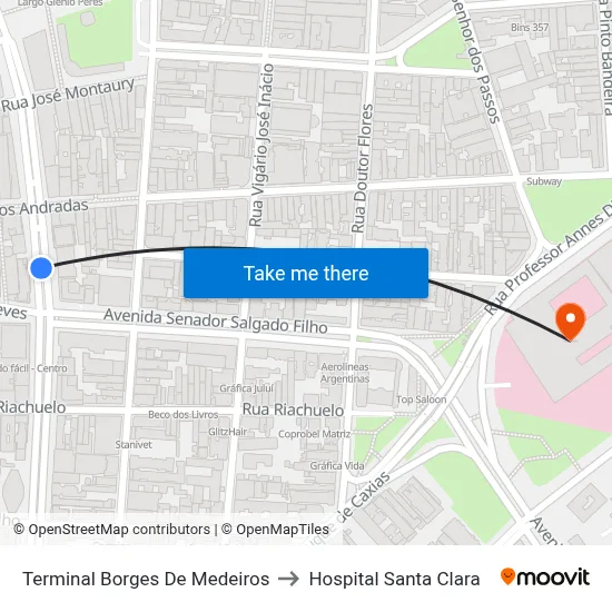 Terminal Borges De Medeiros to Hospital Santa Clara map