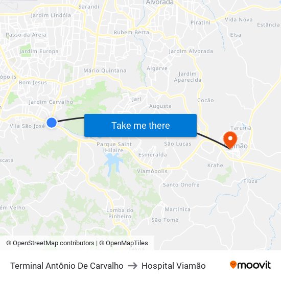 Terminal Antônio De Carvalho to Hospital Viamão map