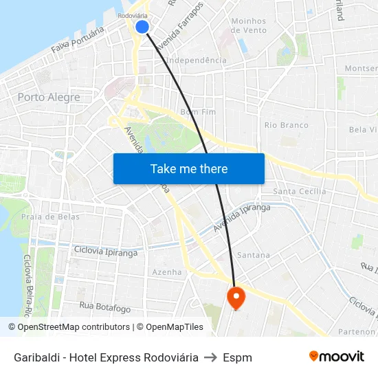 Garibaldi - Hotel Express Rodoviária to Espm map