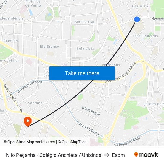 Nilo Peçanha - Colégio Anchieta / Unisinos to Espm map