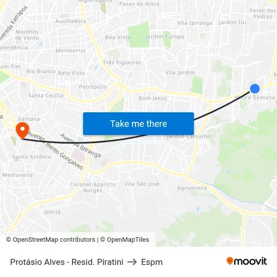 Protásio Alves - Resid. Piratini to Espm map