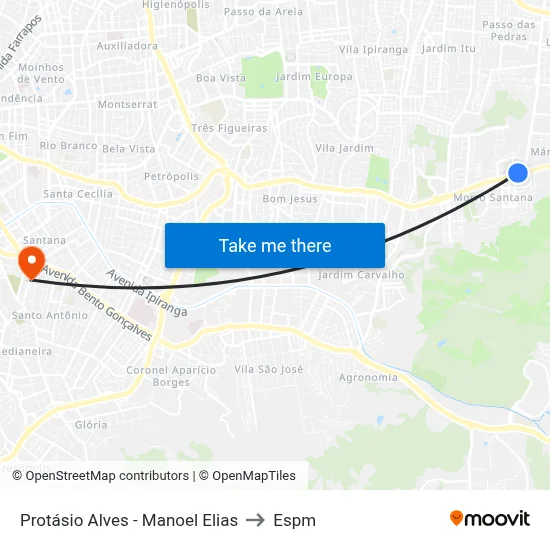 Protásio Alves - Manoel Elias to Espm map