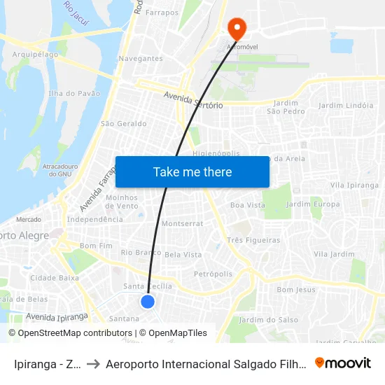 Ipiranga - Zaffari to Aeroporto Internacional Salgado Filho - Terminal 1 map