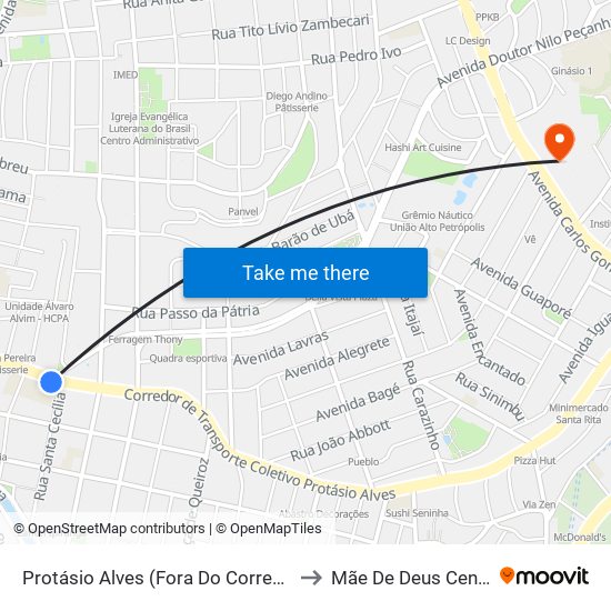 Protásio Alves (Fora Do Corredor) to Mãe De Deus Center map