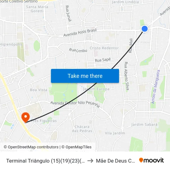 Terminal Triângulo (15)(19)(23)(27)(31) to Mãe De Deus Center map