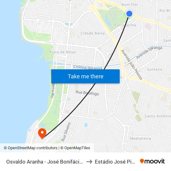 Osvaldo Aranha - José Bonifácio (Fora Do Corredor) to Estádio José Pinheiro Borda map