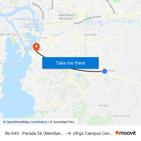 Rs-040 - Parada 56 (Mendanha) to Ufrgs Campus Centro map