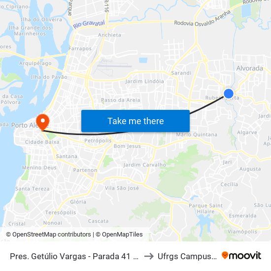 Pres. Getúlio Vargas - Parada 41 (Big Alvorada) to Ufrgs Campus Centro map