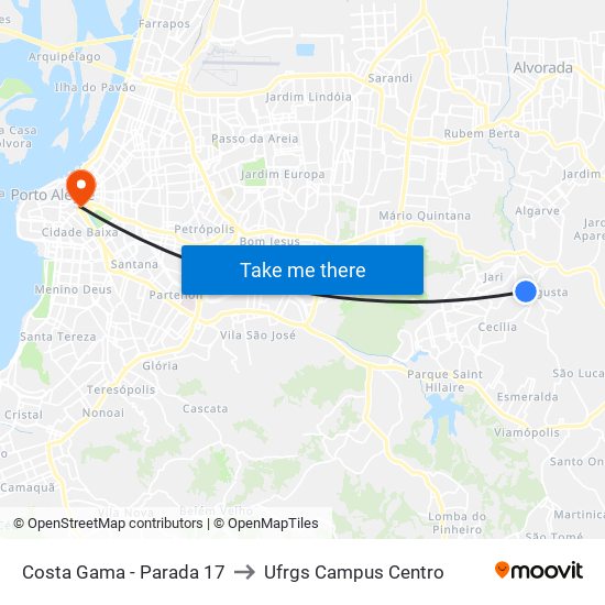 Costa Gama - Parada 17 to Ufrgs Campus Centro map