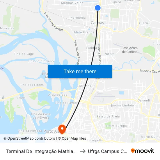 Terminal De Integração Mathias Velho to Ufrgs Campus Centro map