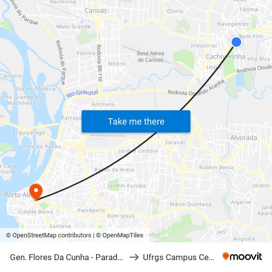 Gen. Flores Da Cunha - Parada 57 to Ufrgs Campus Centro map