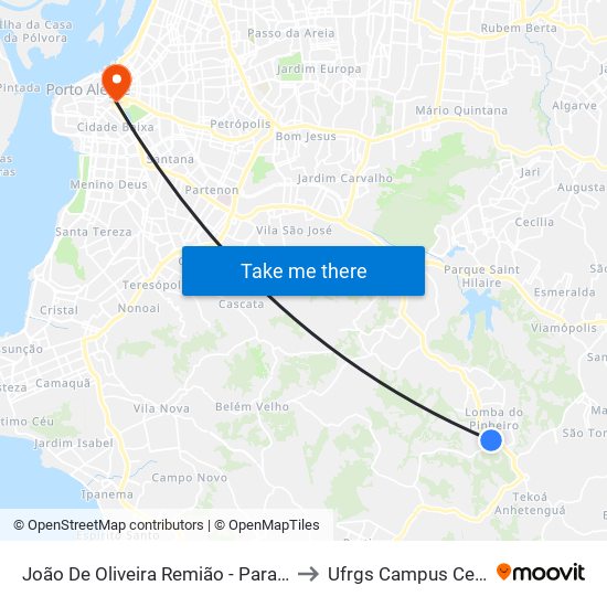 João De Oliveira Remião - Parada 16 to Ufrgs Campus Centro map