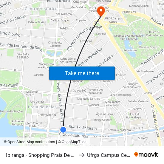 Ipiranga - Shopping Praia De Belas to Ufrgs Campus Centro map